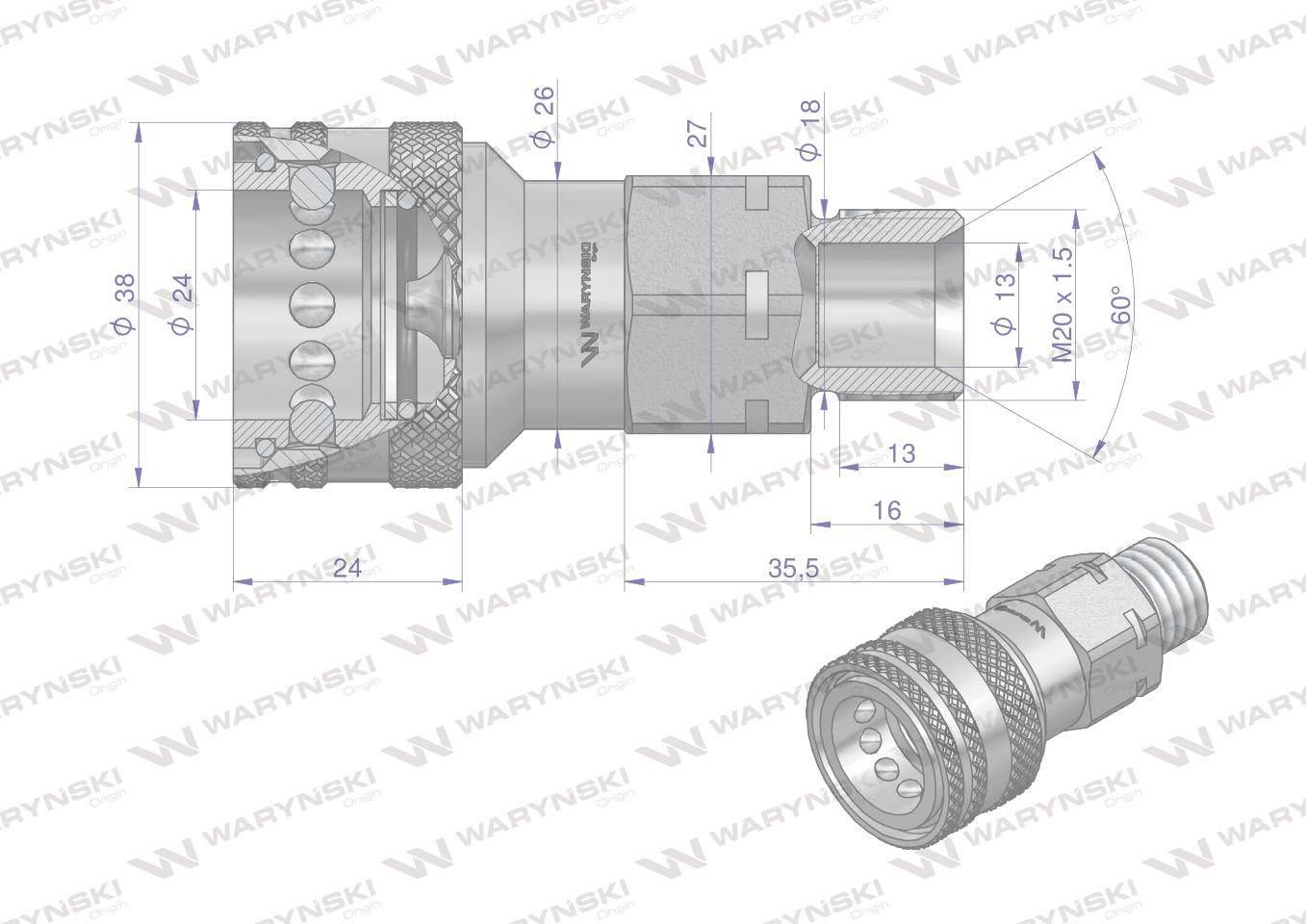 Szybkozłącze hydrauliczne gniazdo M20x1.5 gwint zewnętrzny EURO (ISO 7241-A - zdjęcie 2