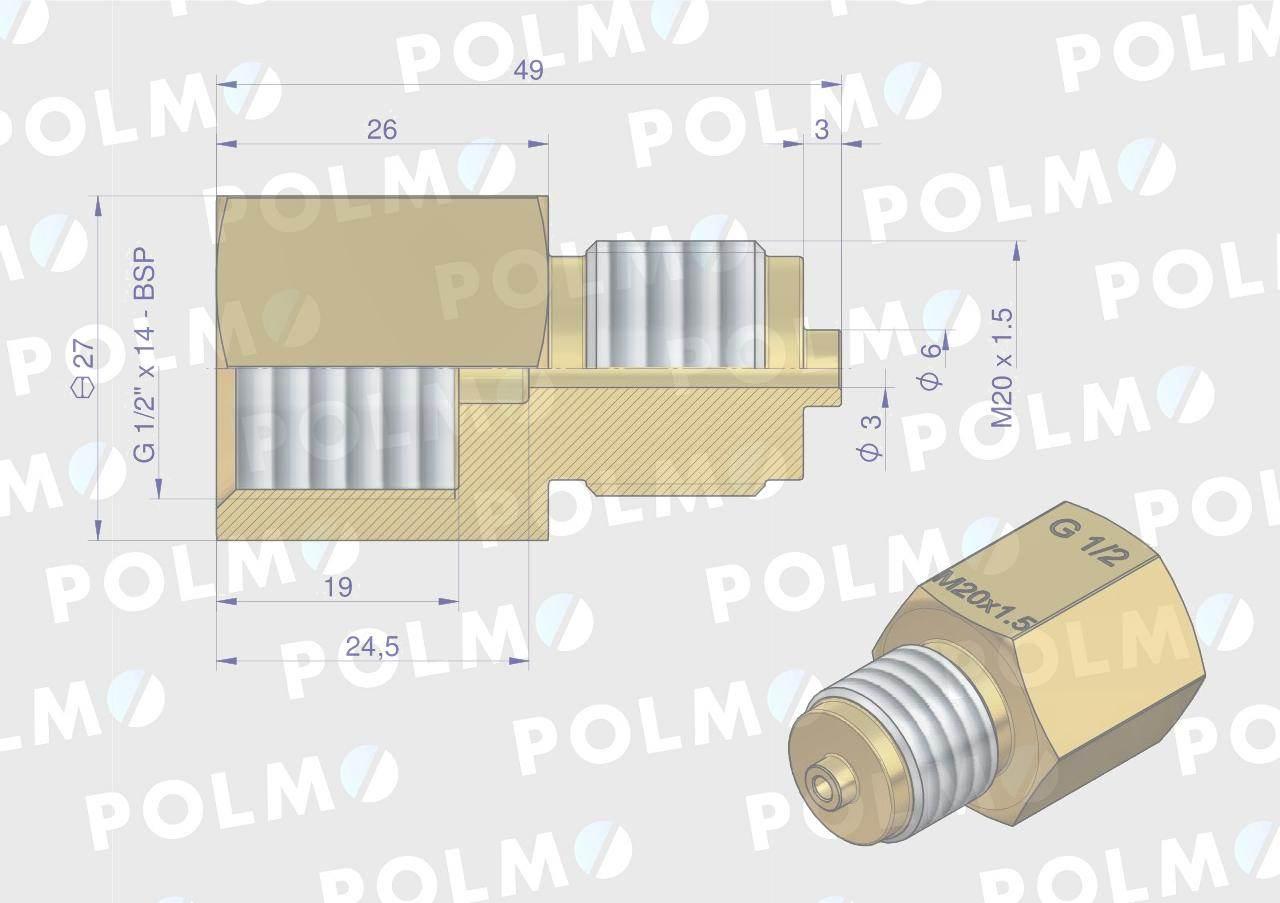Złączka manometryczna gwint zewnętrzny M20x1.5 x gwint wewnętrzny G1/2" (mo - zdjęcie 2