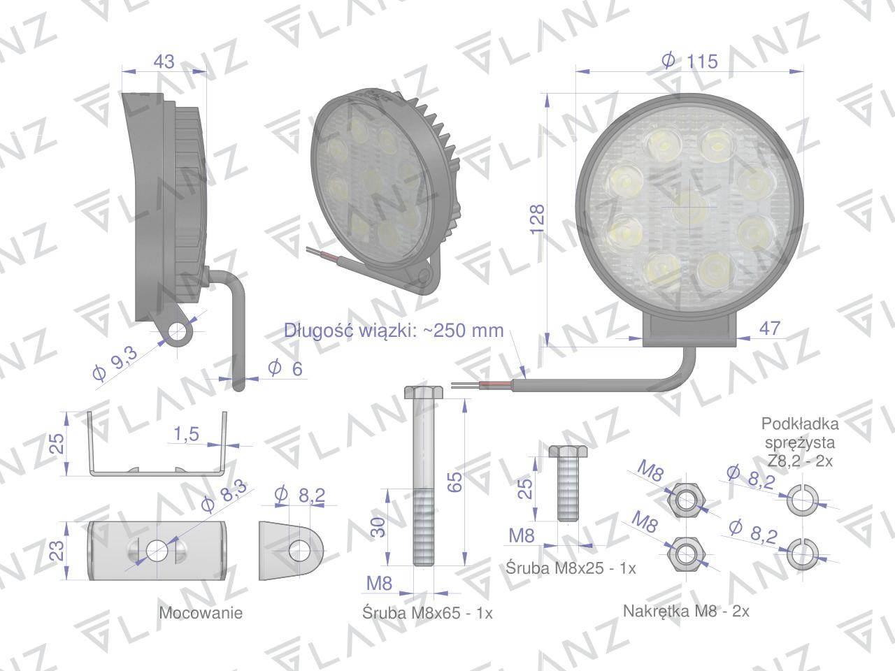 Lampa robocza okrągła 27W 9 LED GLANZ L0076G - zdjęcie 4