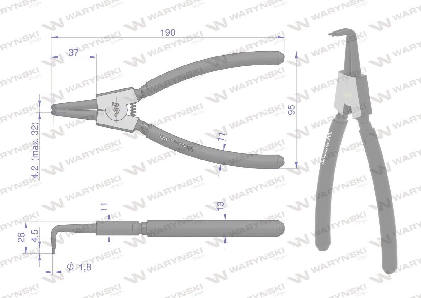 Szczypce do pierścieni osadczych 200 mm zewnętrzne wygięte Waryński WMP111 - zdjęcie 2