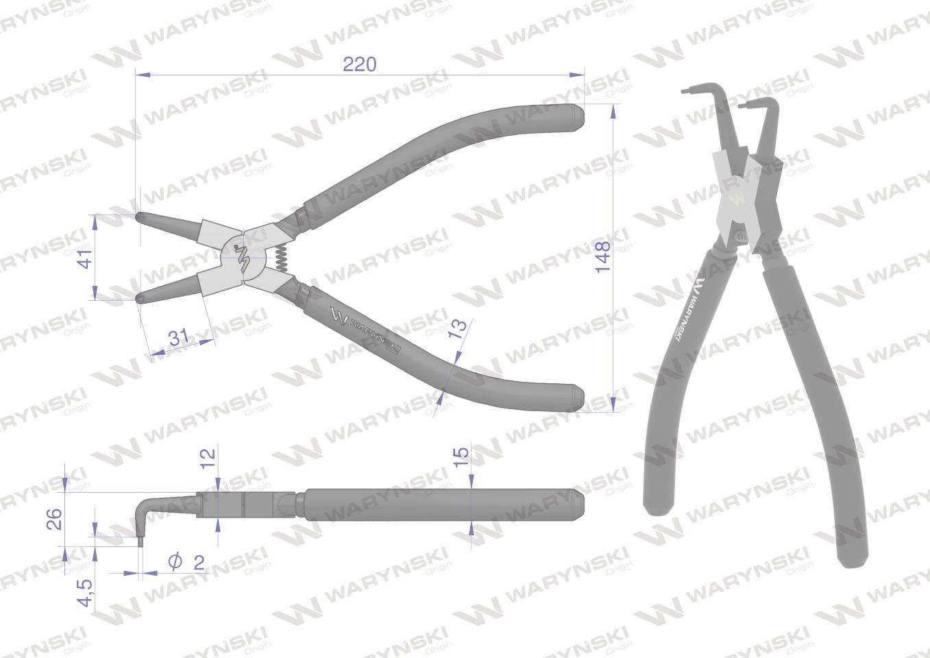 Szczypce do pierścieni osadczych 240 mm wewnętrzne wygięte Waryński WMP116 - zdjęcie 2