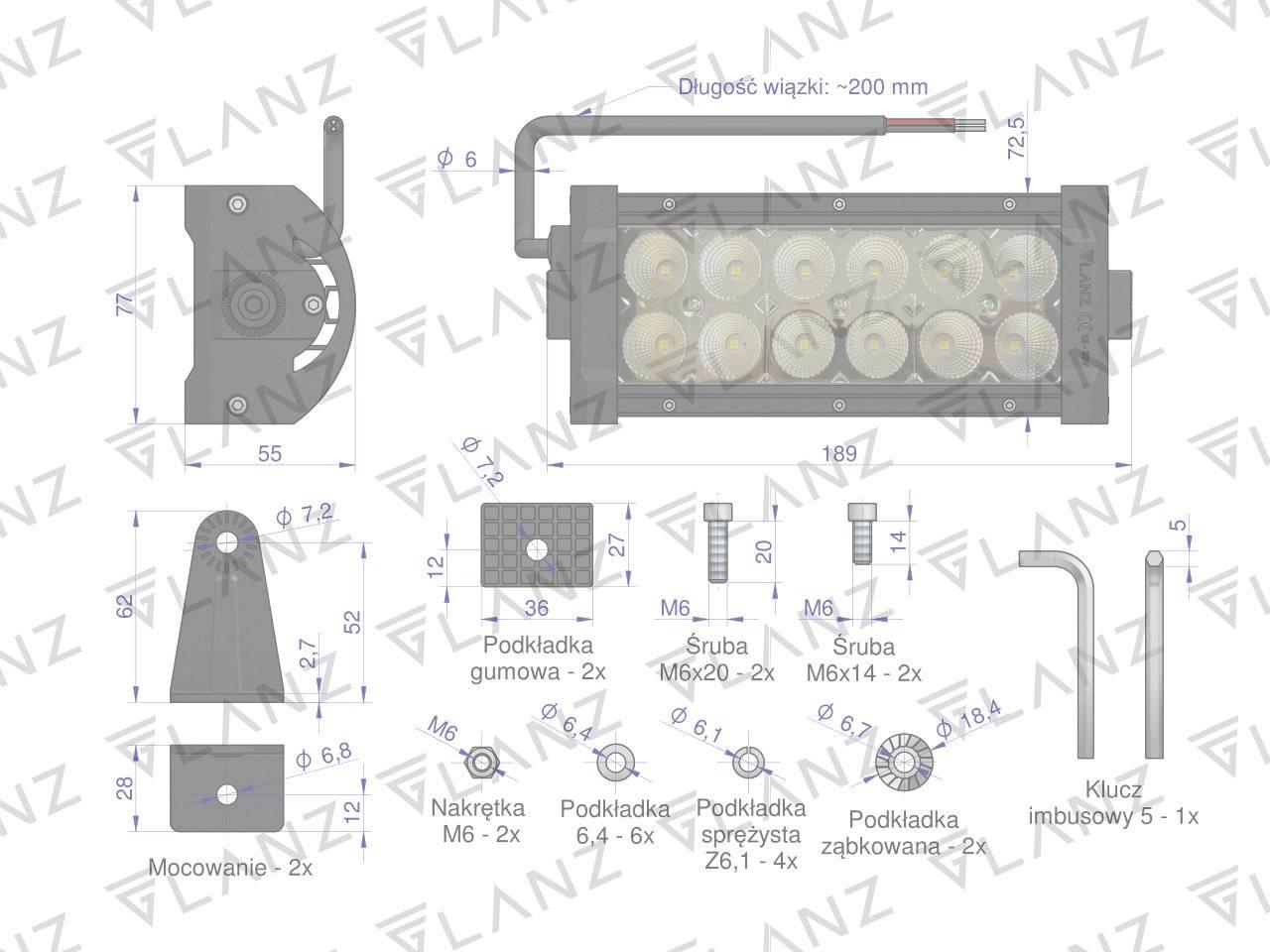 Lampa robocza prostokątna 36W 12 LED GLANZ L0118G - zdjęcie 4