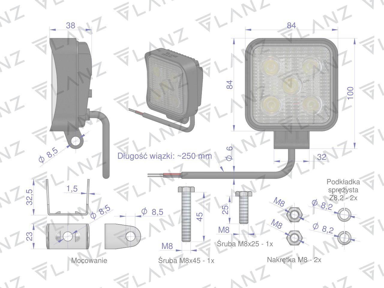 Lampa robocza kwadratowa mini 15W 5 LED GLANZ L2204G - zdjęcie 4