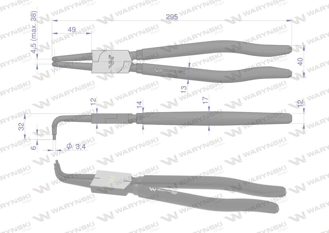 Szczypce do pierścieni osadczych 300 mm wewnętrzne wygięte Waryński WMP120 - zdjęcie 2