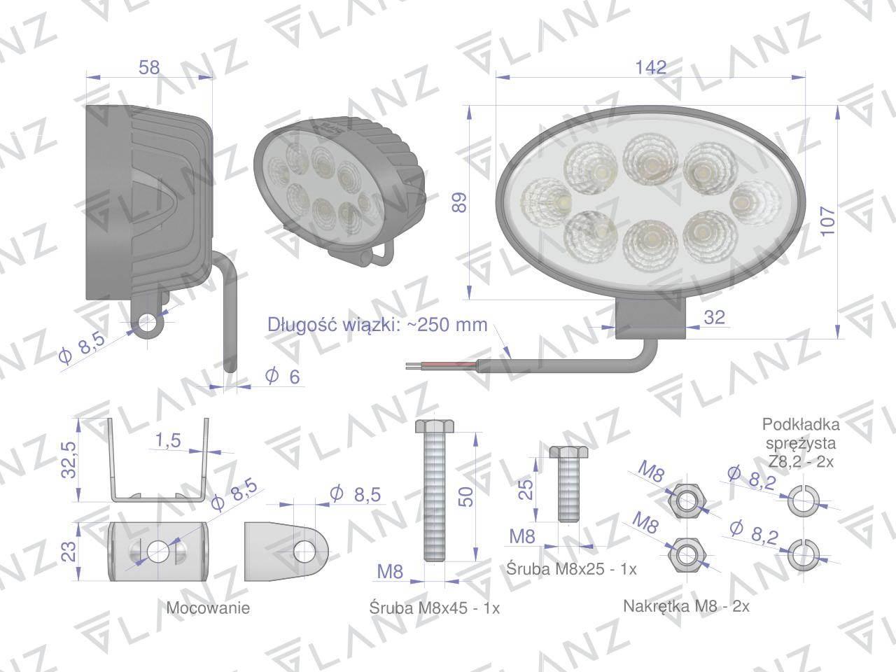 Lampa robocza elipsa 24W 8 LED GLANZ L0109G - zdjęcie 4
