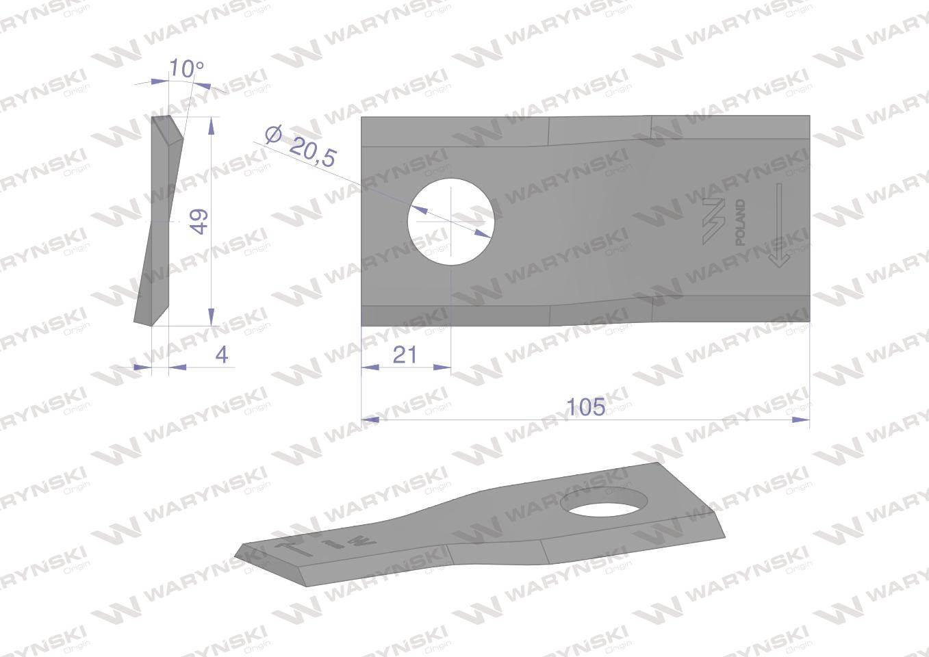 Nóż. nożyk kosiarka prawy 105x48x4mm otwór 20 zastosowanie 6801420 Kuhn WAR - zdjęcie 2