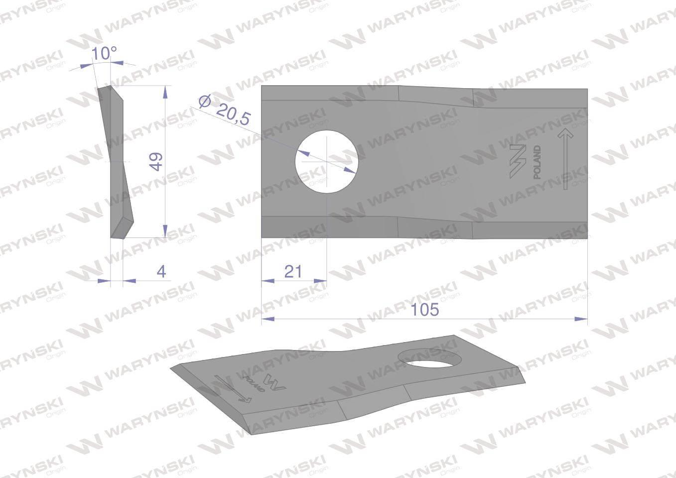 Nóż. nożyk kosiarka lewy 105x48x4mm otwór 20 zastosowanie 6801410 Kuhn WARY - zdjęcie 2