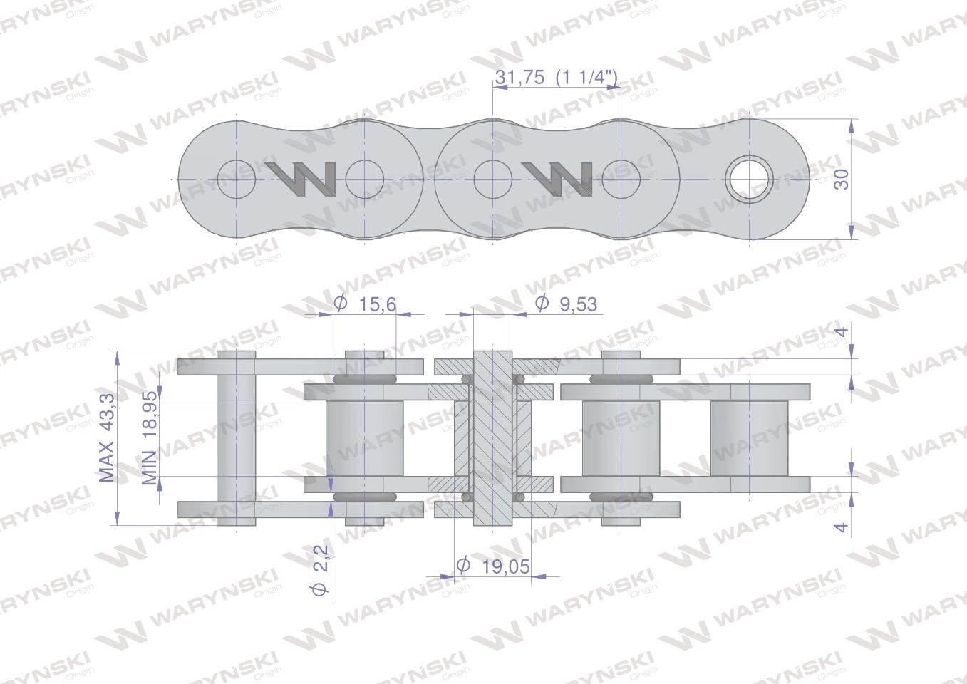 Łańcuch rolkowy z oringiem ANSI A 100 (R1 1.1/4) 5m Waryński W-L100OR - zdjęcie 2