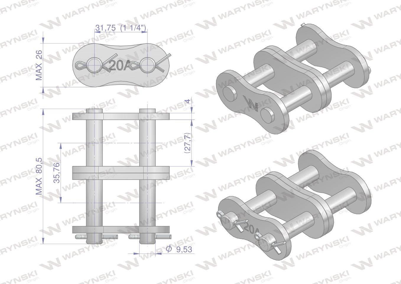 Zamek łańcucha wzmocnionego Z20A-2 ANSI A 100 (R2 1.1/4) Waryński 3szt - zdjęcie 2