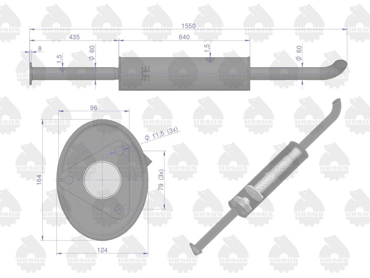 Tłumik prosty długi 1550mm 8kg C-385 ORYGINAŁ URSUS 80014040U - zdjęcie 2