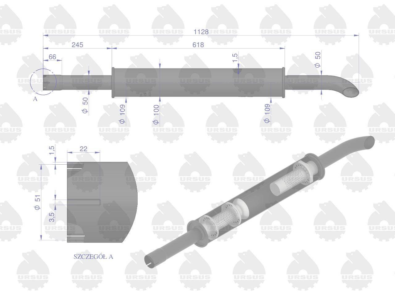 Tłumik 1128mm 3029104M1 4.8kg MF3 C-3603P ORYGINAŁ URSUS 3029049U - zdjęcie 2
