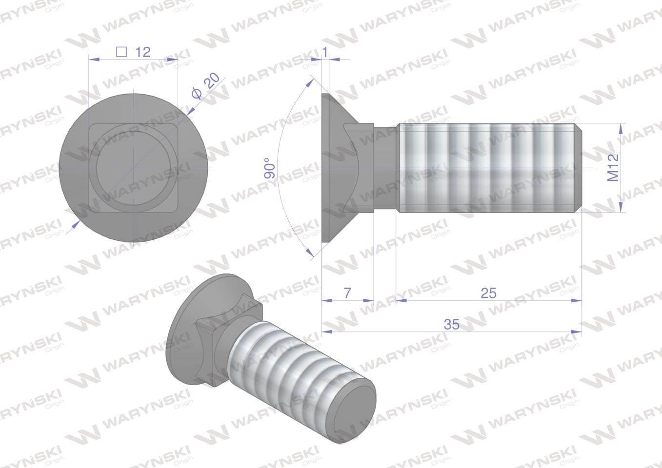 Śruba kpl. płużna podsadzana M12x35 mm kl.8.8 Waryński 25szt W-608881235 - zdjęcie 2