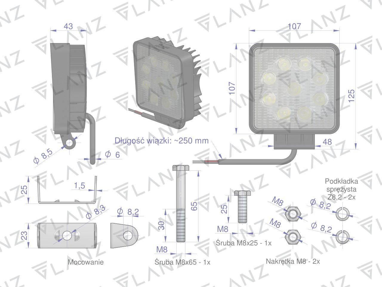 Lampa robocza kwadratowa 27W 9 LED GLANZ L0077G - zdjęcie 4