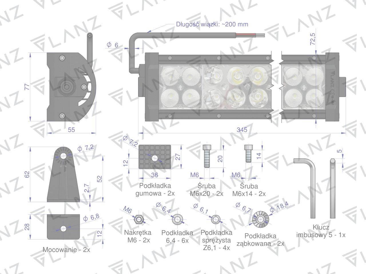 Lampa robocza prostokątna 72W 24 LED GLANZ L0119G - zdjęcie 4