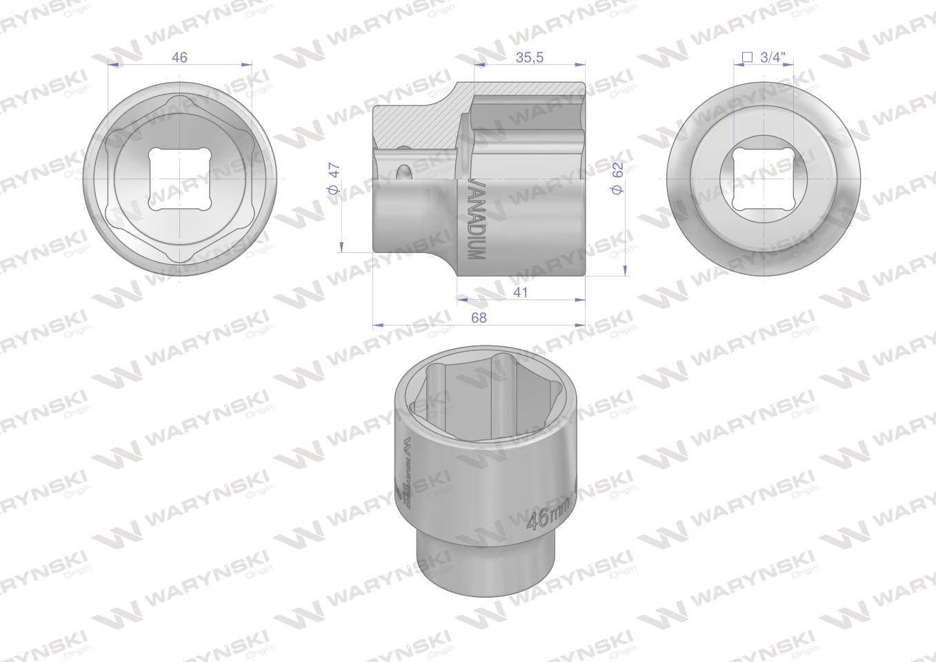 Nasadka sześciokątna 3/4". 46 mm. CrV50BV30. DIN 3124. Waryński WMN265 - zdjęcie 2