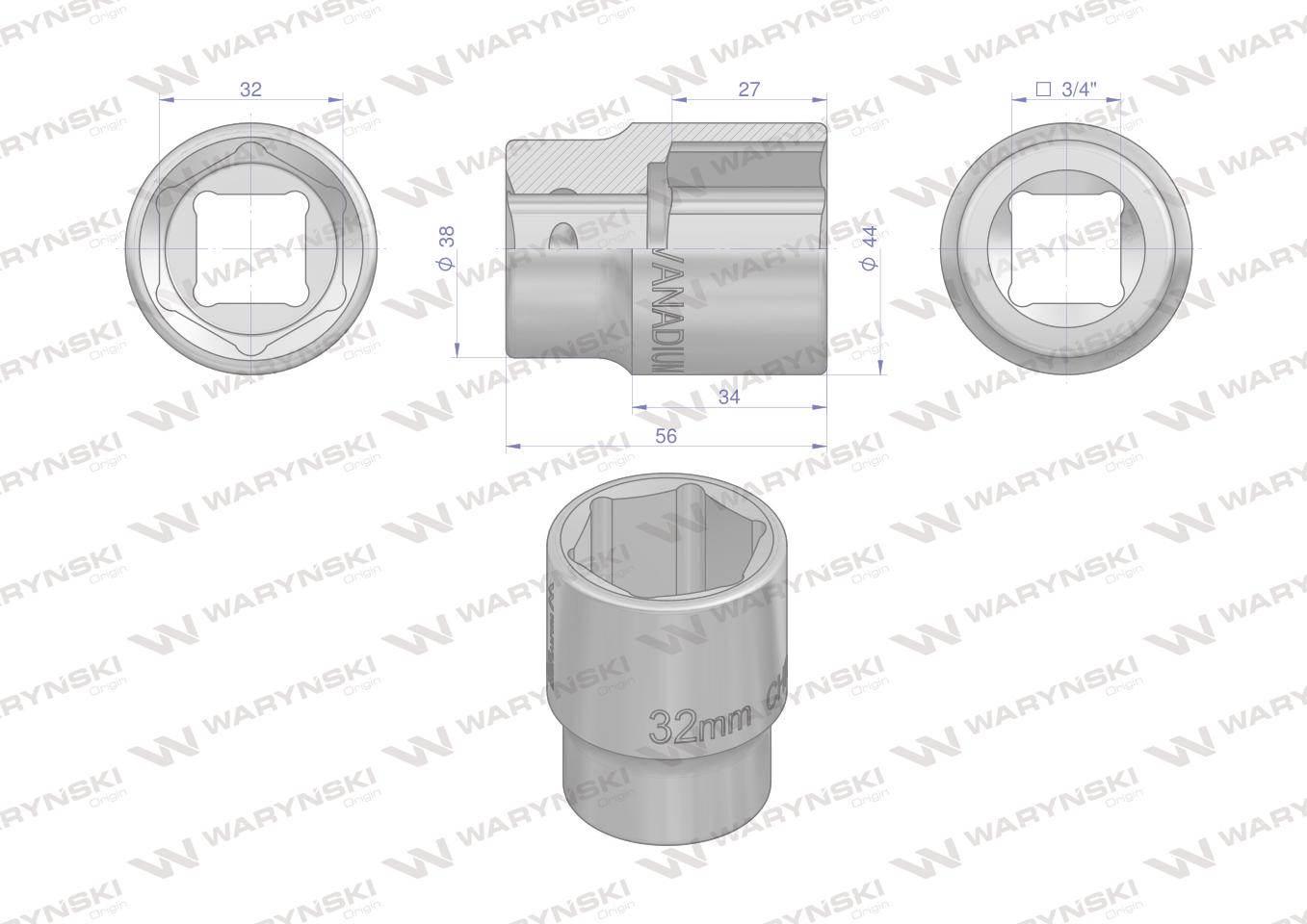 Nasadka sześciokątna 3/4". 32 mm. CrV50BV30. DIN 3124. Waryński WMN256 - zdjęcie 2