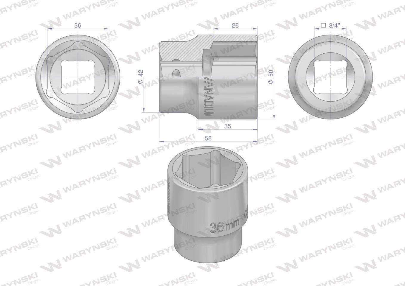 Nasadka sześciokątna 3/4". 36 mm. CrV50BV30. DIN 3124. Waryński WMN260 - zdjęcie 2