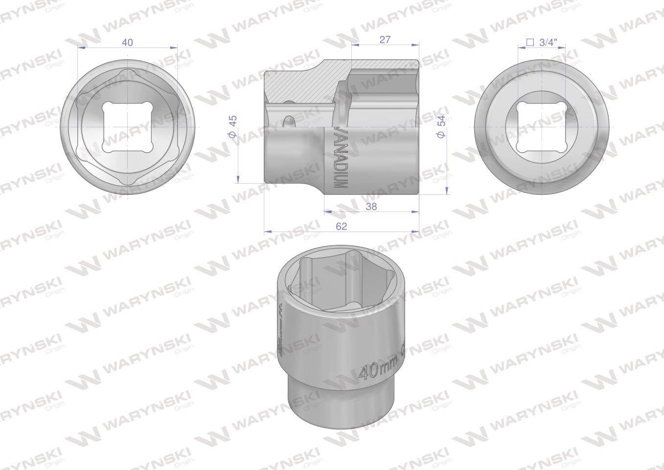 Nasadka sześciokątna 3/4". 40 mm. CrV50BV30. DIN 3124. Waryński WMN262 - zdjęcie 2