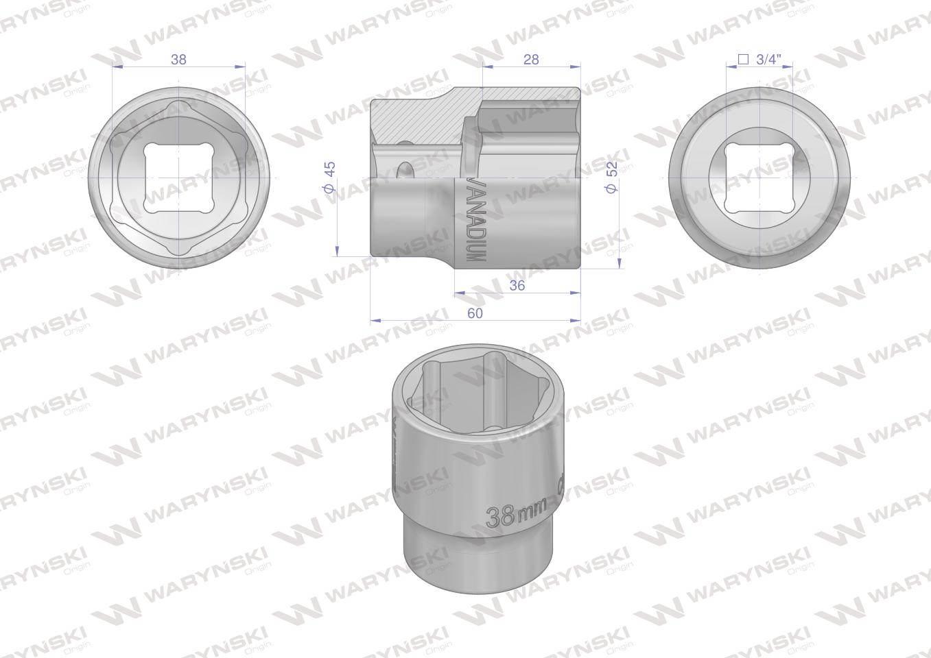 Nasadka sześciokątna 3/4". 38 mm. CrV50BV30. DIN 3124. Waryński WMN261 - zdjęcie 2
