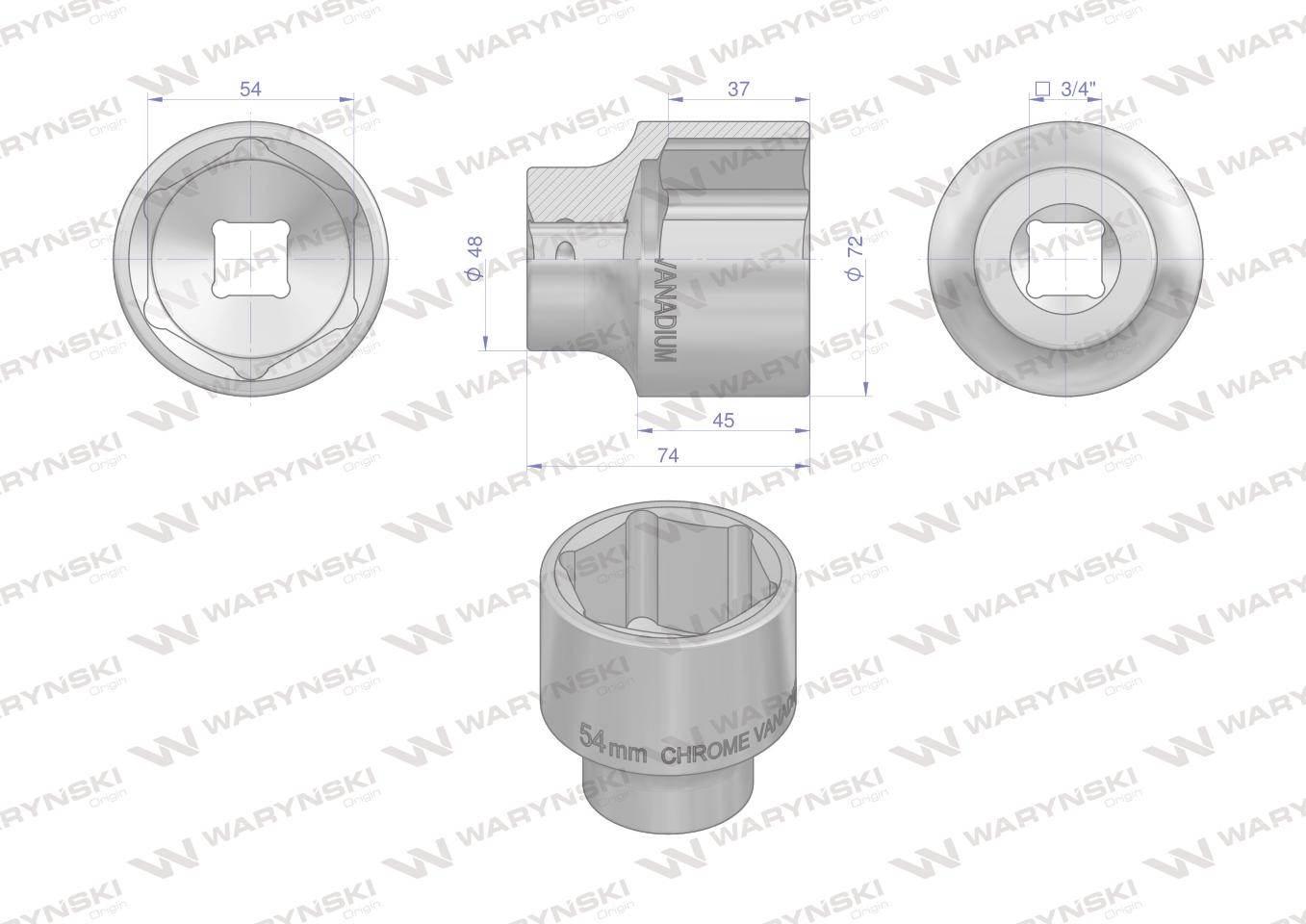 Nasadka sześciokątna 3/4". 54 mm. CrV50BV30. DIN 3124. Waryński WMN268 - zdjęcie 2