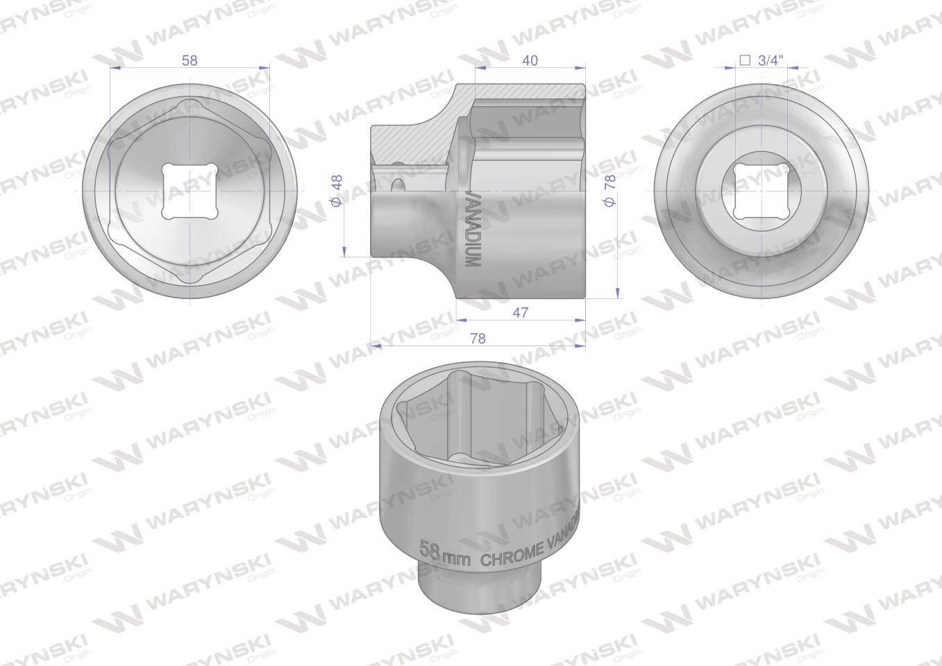 Nasadka sześciokątna 3/4". 58 mm. CrV50BV30. DIN 3124. Waryński WMN270 - zdjęcie 2