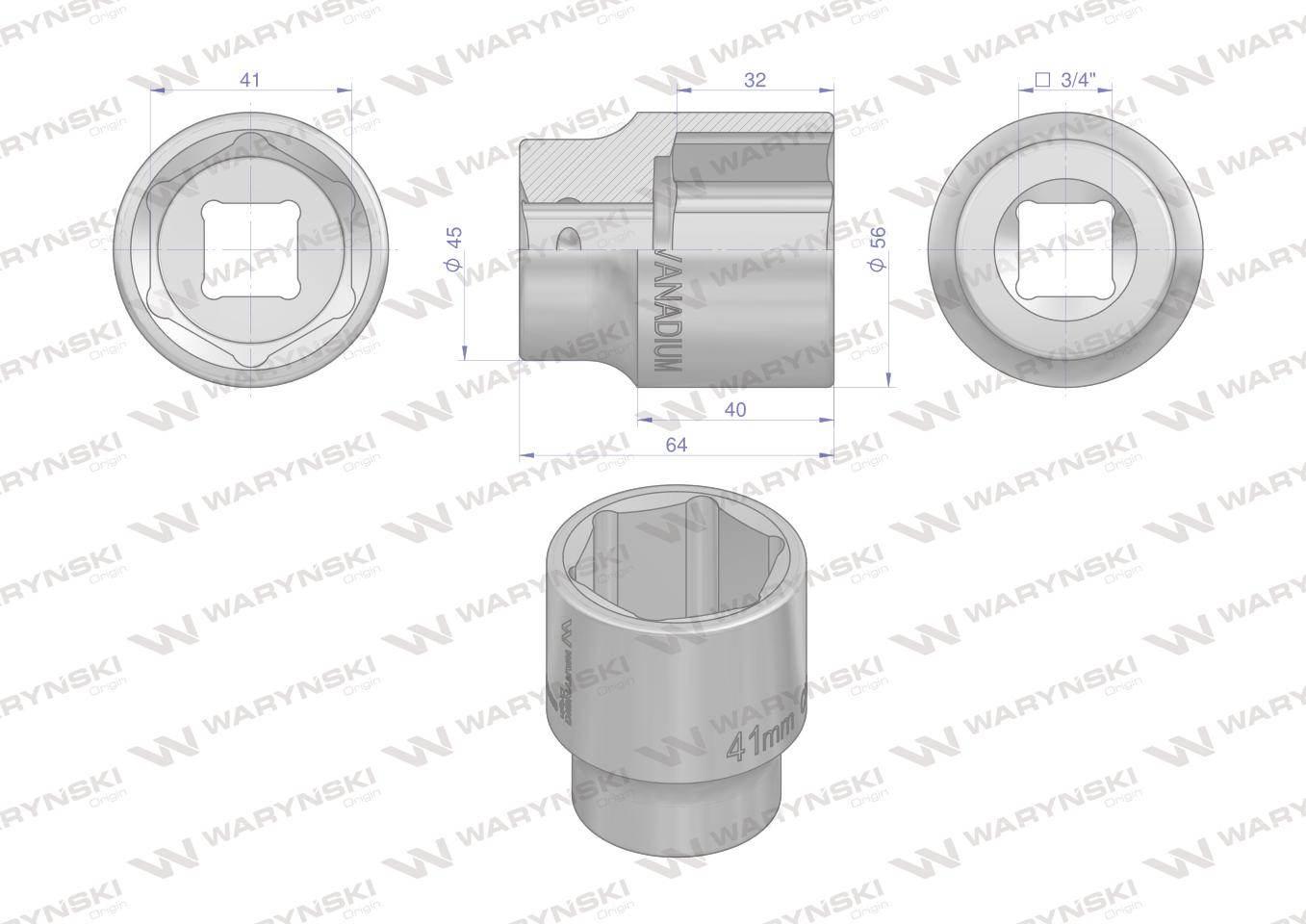 Nasadka sześciokątna 3/4". 41 mm. CrV50BV30. DIN 3124. Waryński WMN263 - zdjęcie 2
