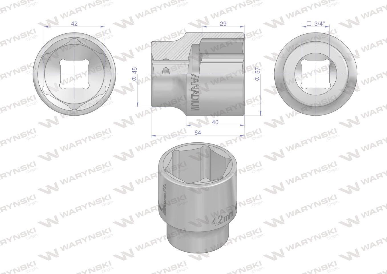 Nasadka sześciokątna 3/4". 42 mm. CrV50BV30. DIN 3124. Waryński WMN264 - zdjęcie 2