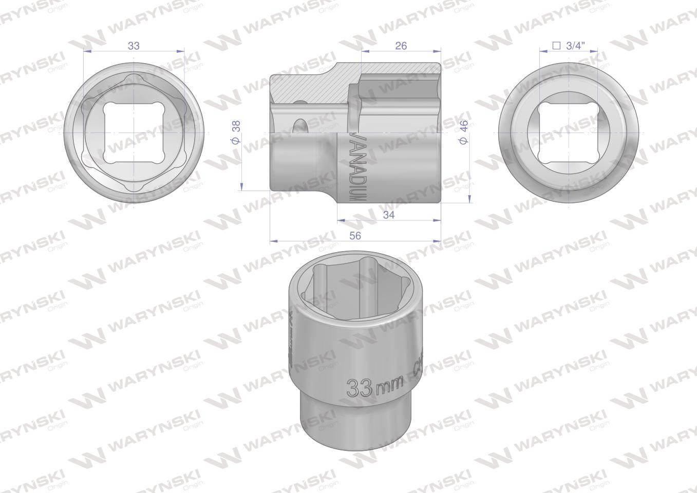 Nasadka sześciokątna 3/4". 33 mm. CrV50BV30. DIN 3124. Waryński WMN257 - zdjęcie 2