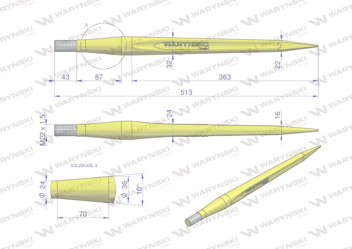 Ząb ładowacza uniwersalny prosty L- 510 mm Tur WARYŃSKI W9132-510P - zdjęcie 2