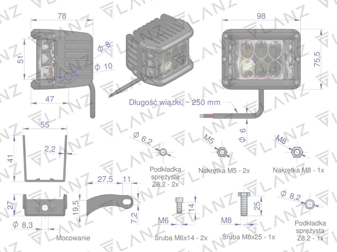 Lampa robocza kwadratowa szerokokątna 48W 12LED GLANZ LSR001G - zdjęcie 6