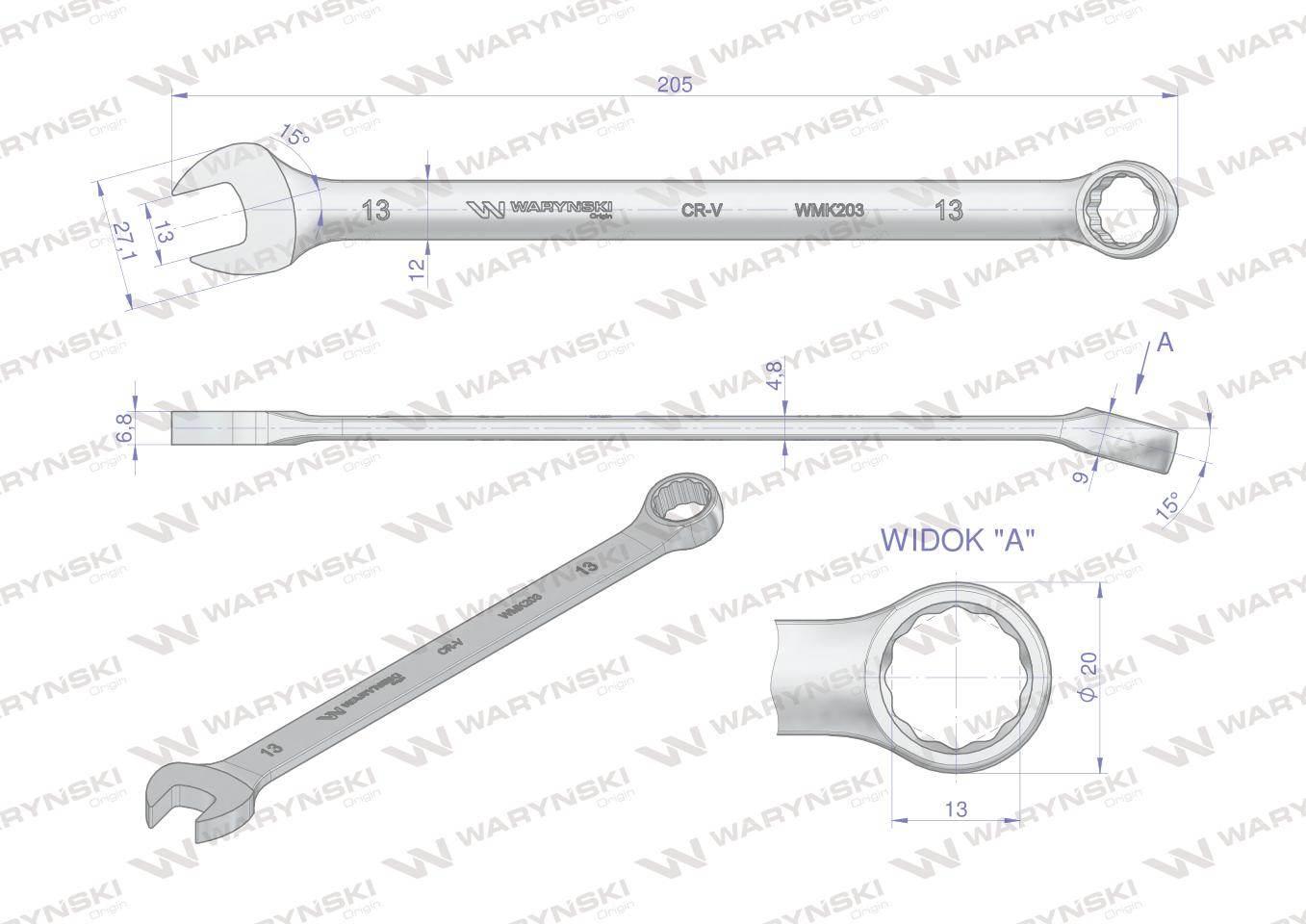 Klucz płaskooczkowy extra długi 13mm dł 205mm standard ASME B107.9M Waryńsk - zdjęcie 3
