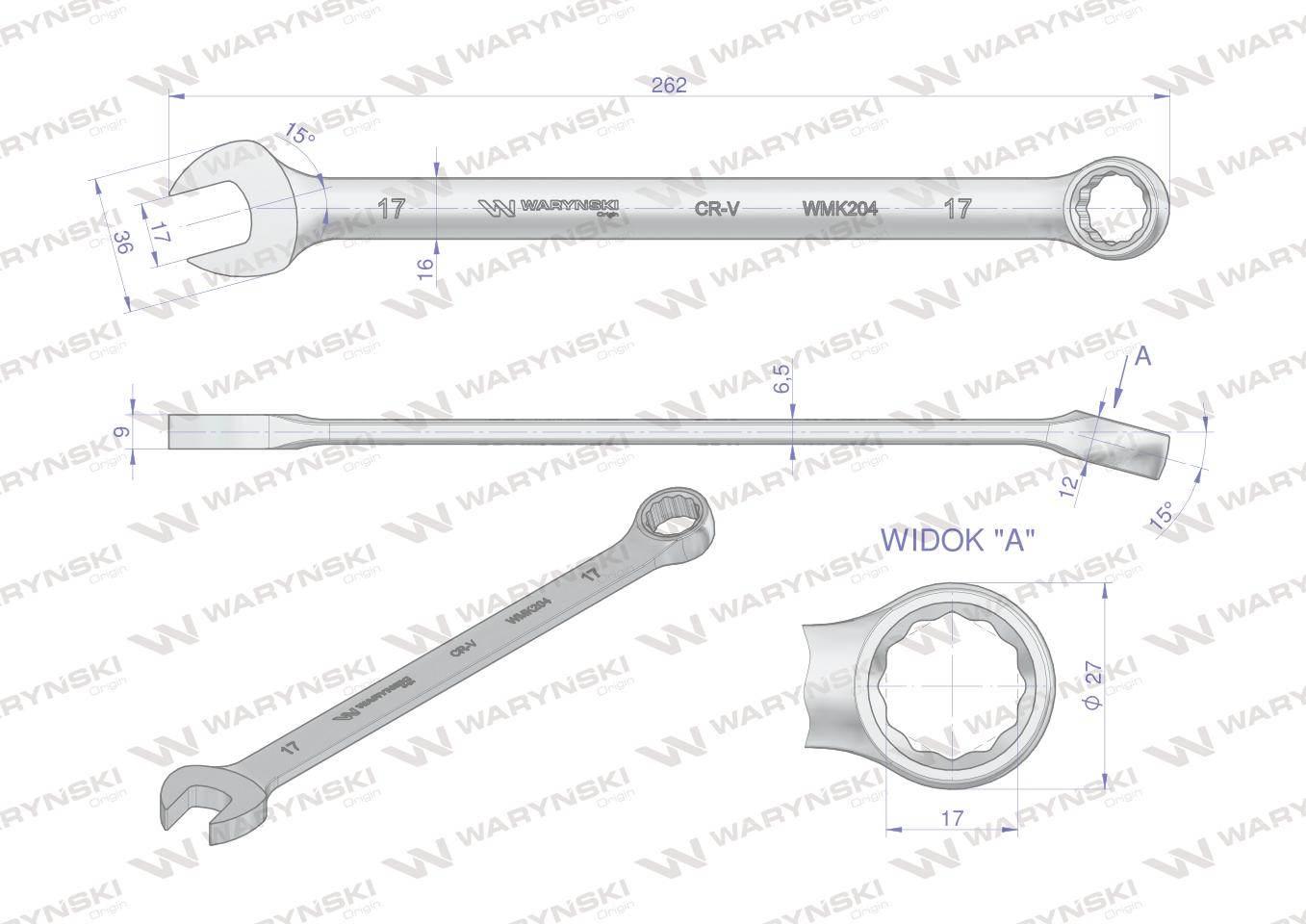 Klucz płaskooczkowy extra długi 17mm dł 262mm standard ASME B107.9M Waryńsk - zdjęcie 3
