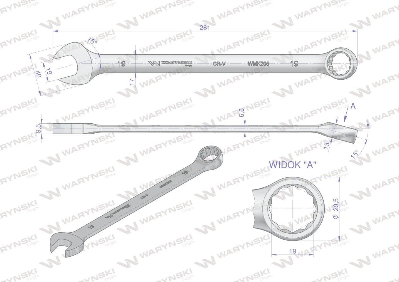Klucz płaskooczkowy extra długi 19mm dł 281mm standard ASME B107.9M Waryńsk - zdjęcie 3