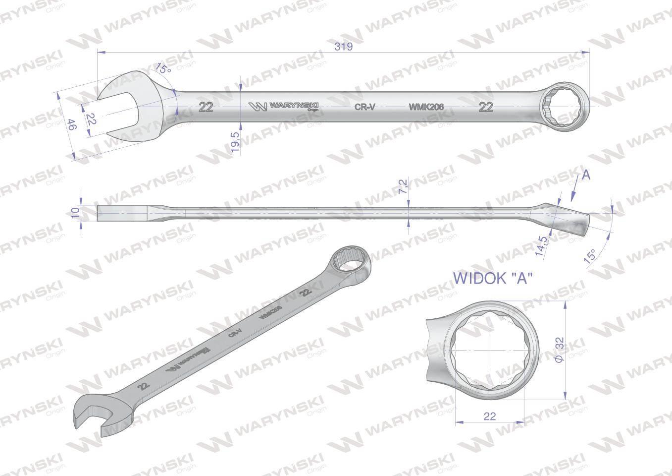 Klucz płaskooczkowy extra długi 22mm dł 319mm standard ASME B107.9M Waryńsk - zdjęcie 3