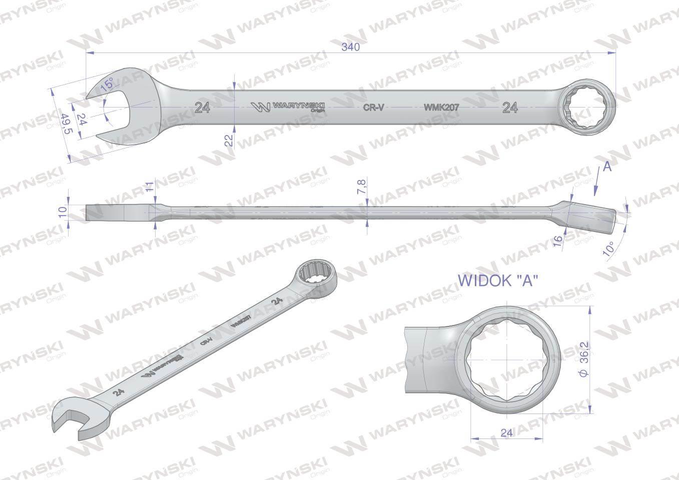 Klucz płaskooczkowy extra długi 24mm dł 339mm standard ASME B107.9M Waryńsk - zdjęcie 3