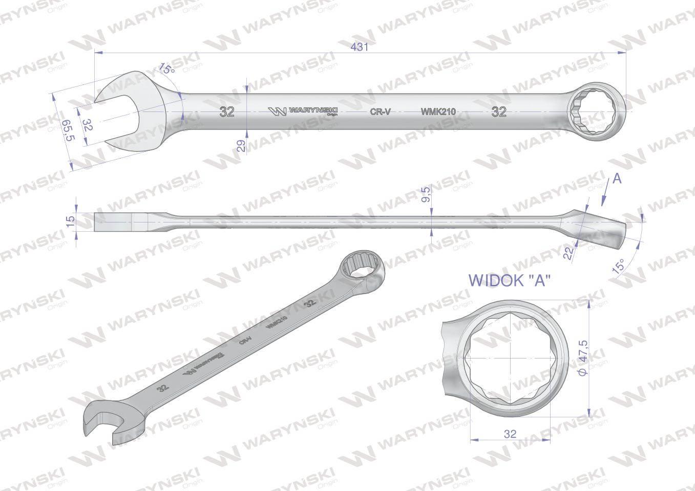 Klucz płaskooczkowy extra długi 32mm dł 431mm standard ASME B107.9M Waryńsk - zdjęcie 3