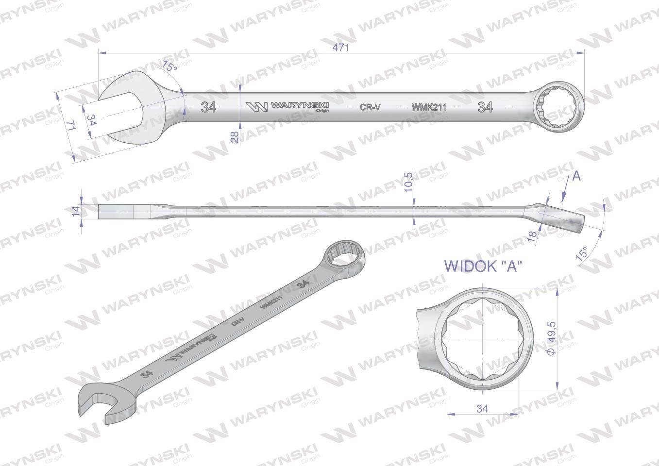 Klucz płaskooczkowy extra długi 34mm dł 471mm standard ASME B107.9M Waryńsk - zdjęcie 3