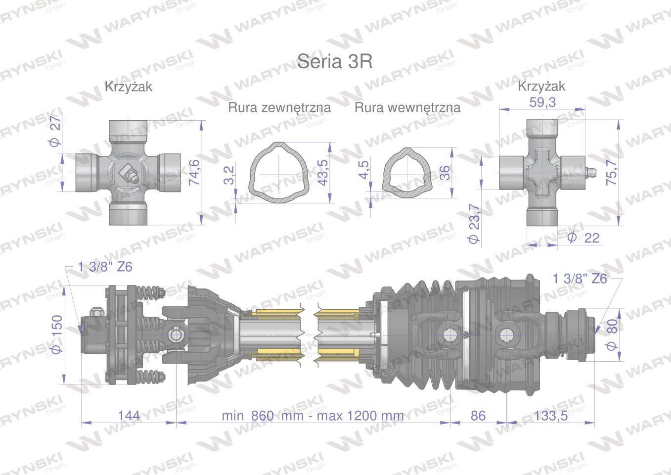 Wał przegubowo-teleskopowy 860-1200mm 460Nm sprzęgło cierne 900Nm szerokoką - zdjęcie 3
