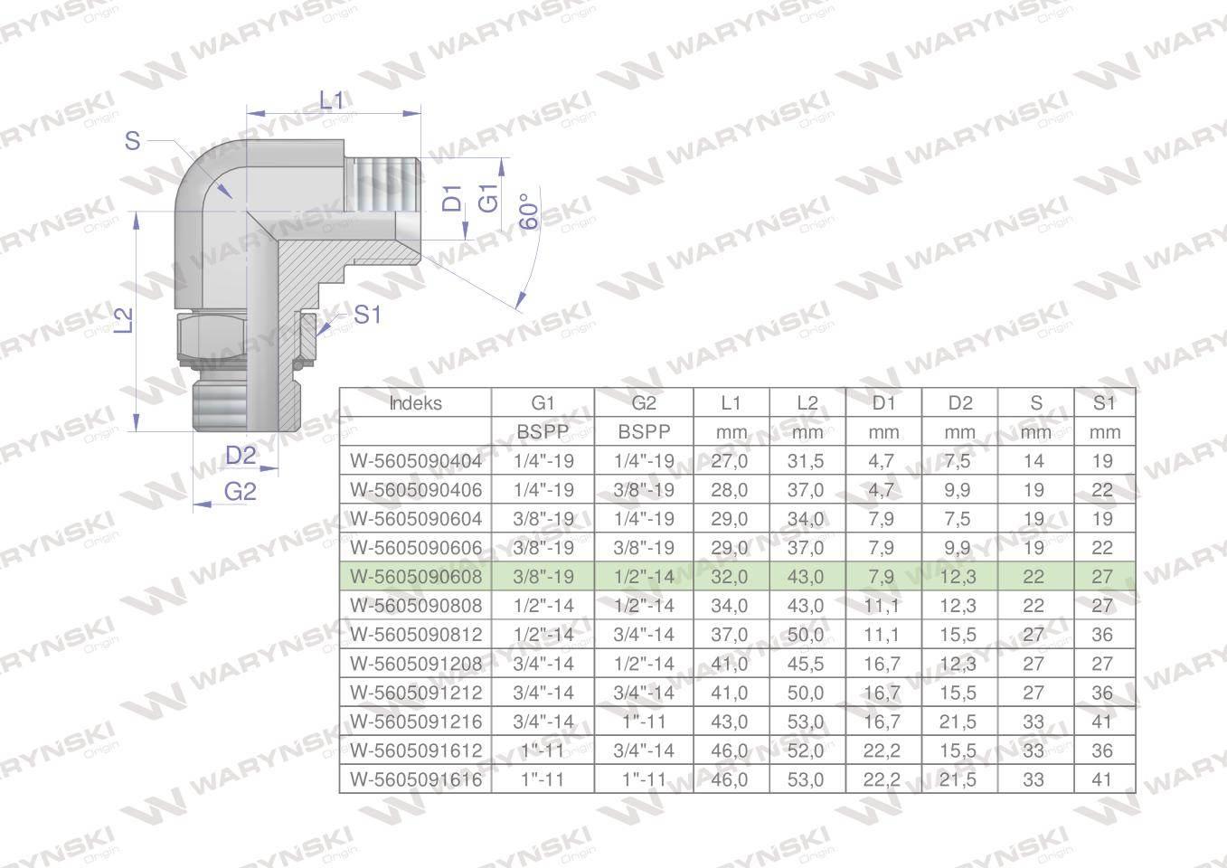 Kolanko hydrauliczne nastawne calowe BB 3/8" x 1/2" BSP z regulacją Waryńsk