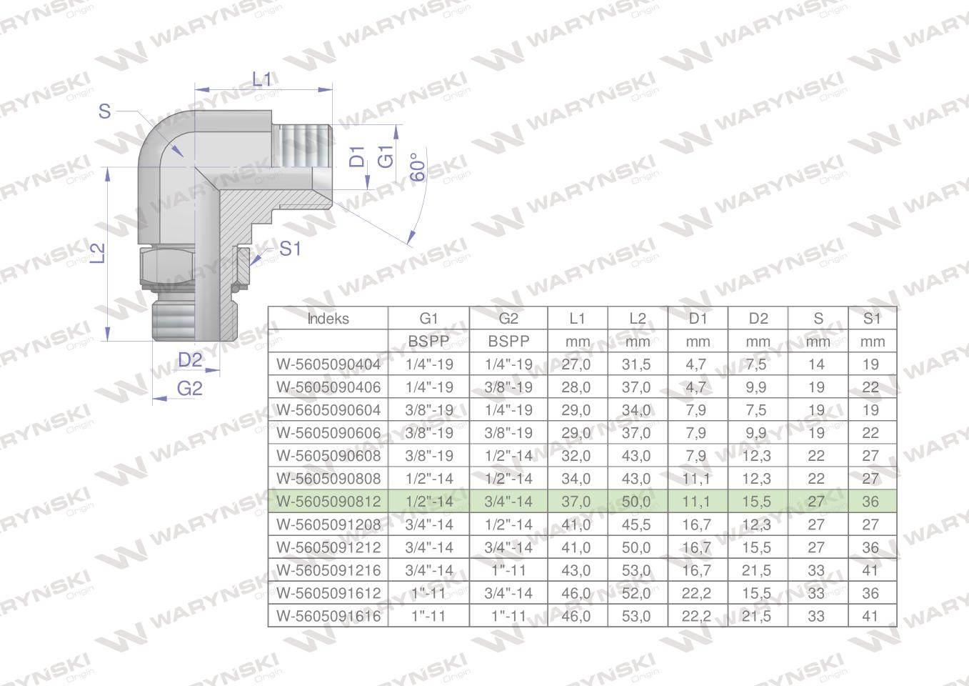 Kolanko hydrauliczne nastawne calowe BB 1/2" x 3/4" BSP z regulacją Waryńsk