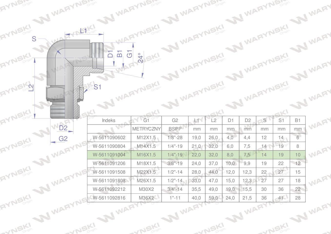Kolanko hydrauliczne nastawne BB M16x1.5 10L x 1/4"BSP z regulacją Waryński