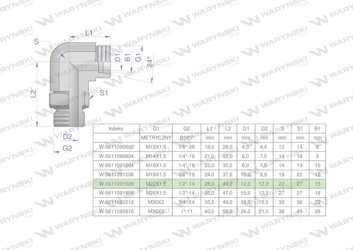 Kolanko hydrauliczne nastawne BB M22x1.5 15L x 1/2"BSP z regulacją Waryński