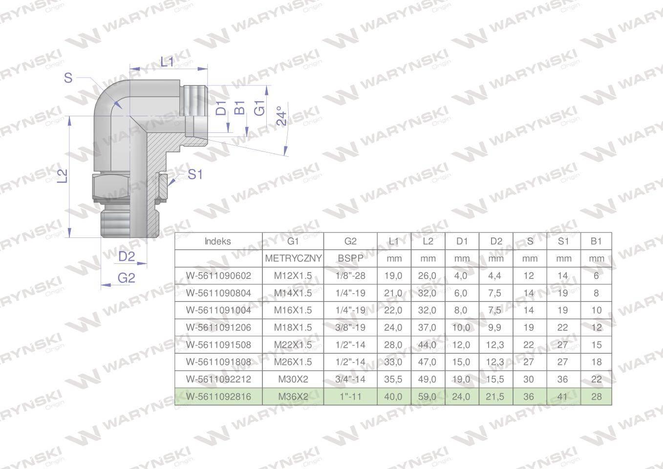 Kolanko hydrauliczne nastawne BB M36x2 28L x 1"BSP z regulacją Waryński