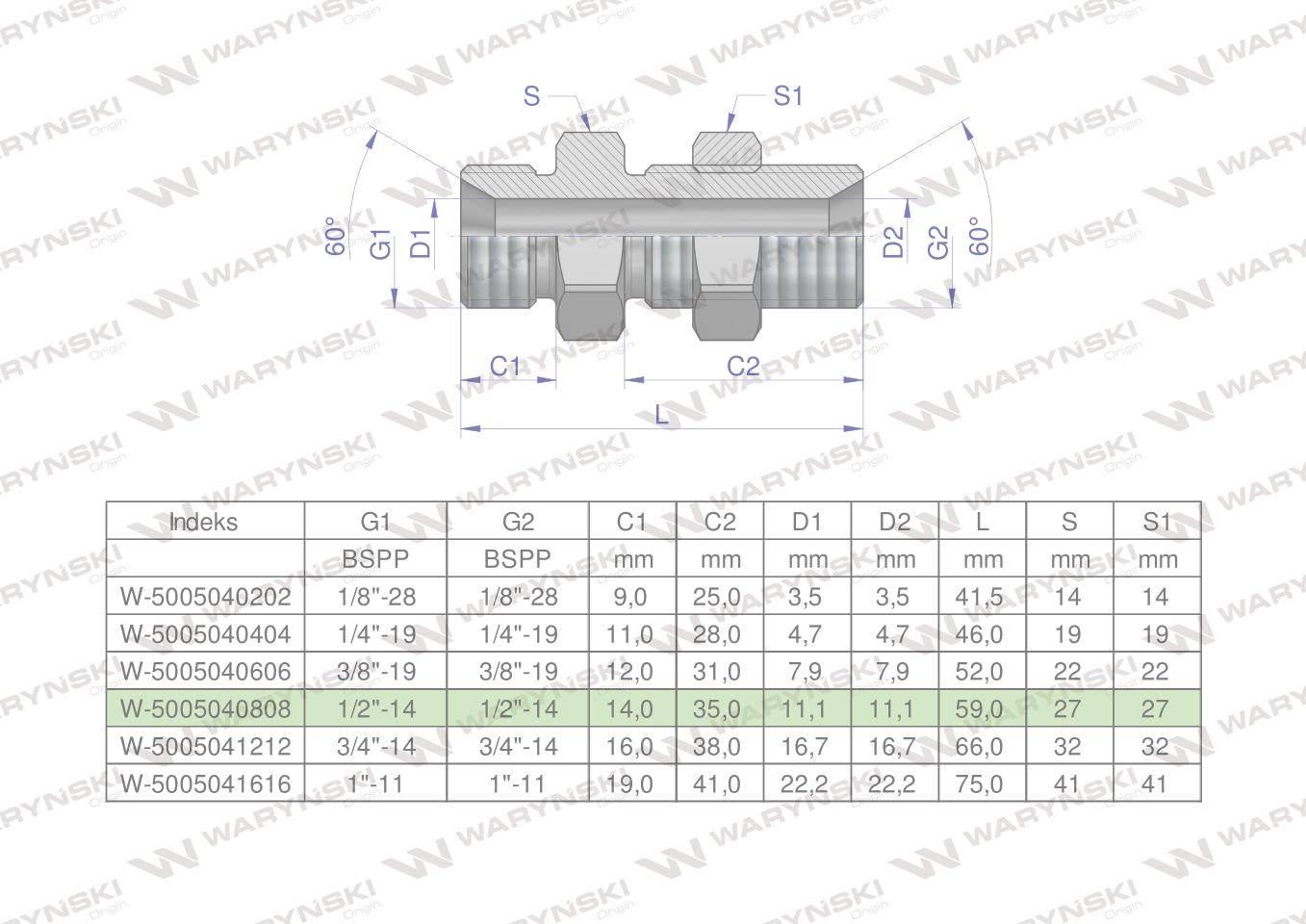 Złączka hydrauliczna calowa grodziowa BB 1/2" BSP z przeciwnakrętką (XSV) W