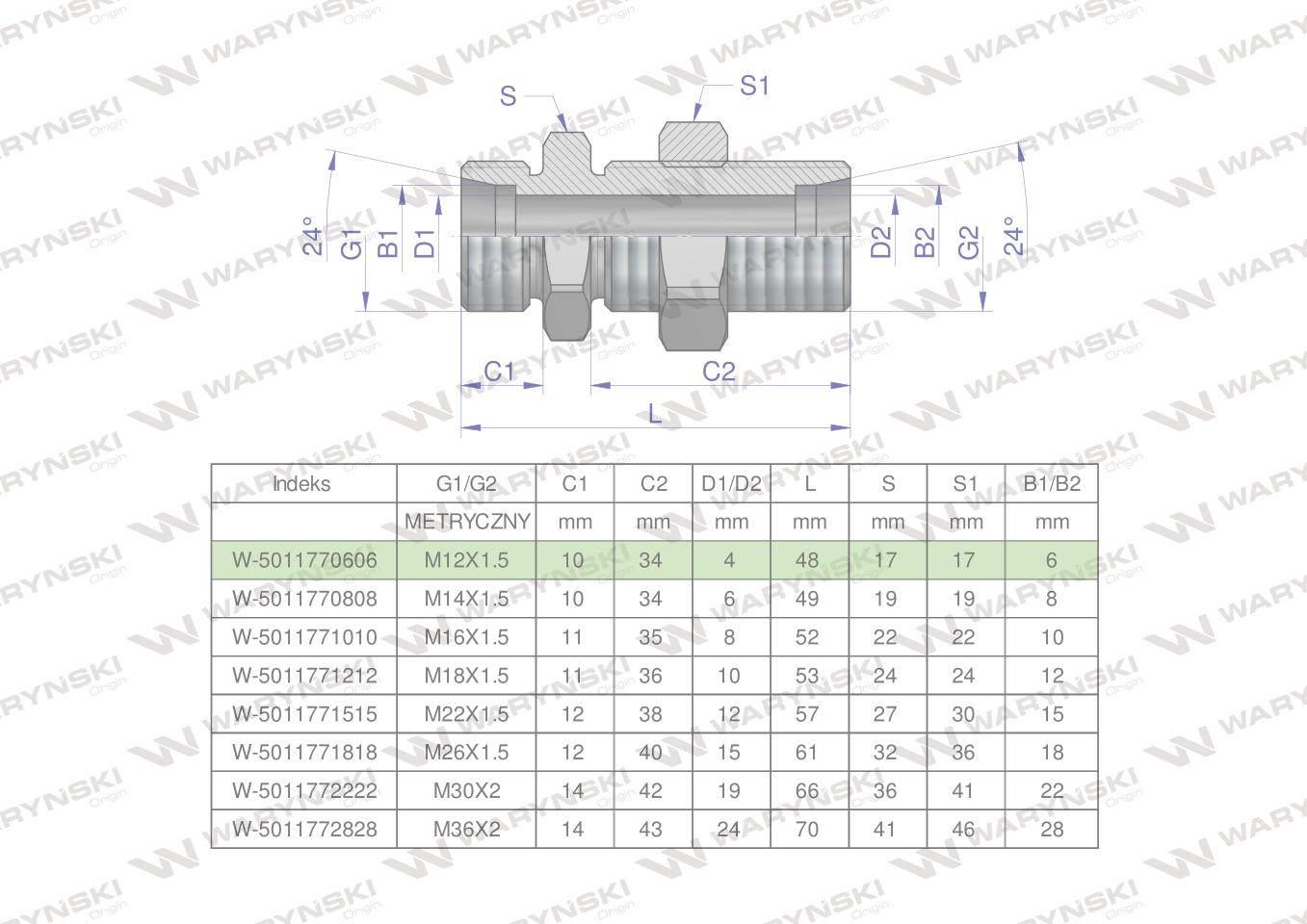 Złączka hydrauliczna metryczna grodziowa BB M12x1.5 06L z przeciwnakrętką (