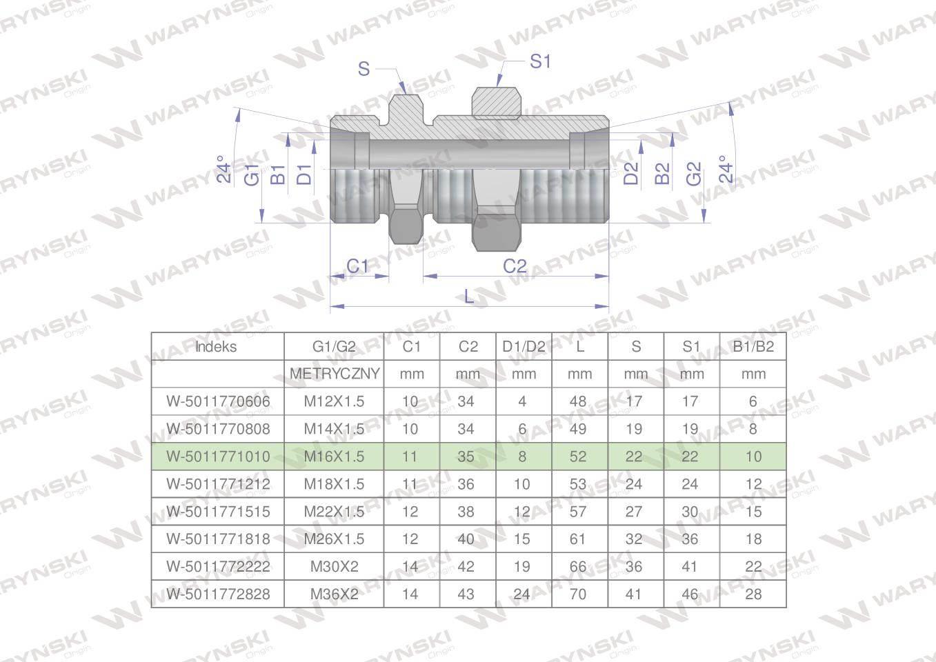 Złączka hydrauliczna metryczna grodziowa BB M16x1.5 10L z przeciwnakrętką (