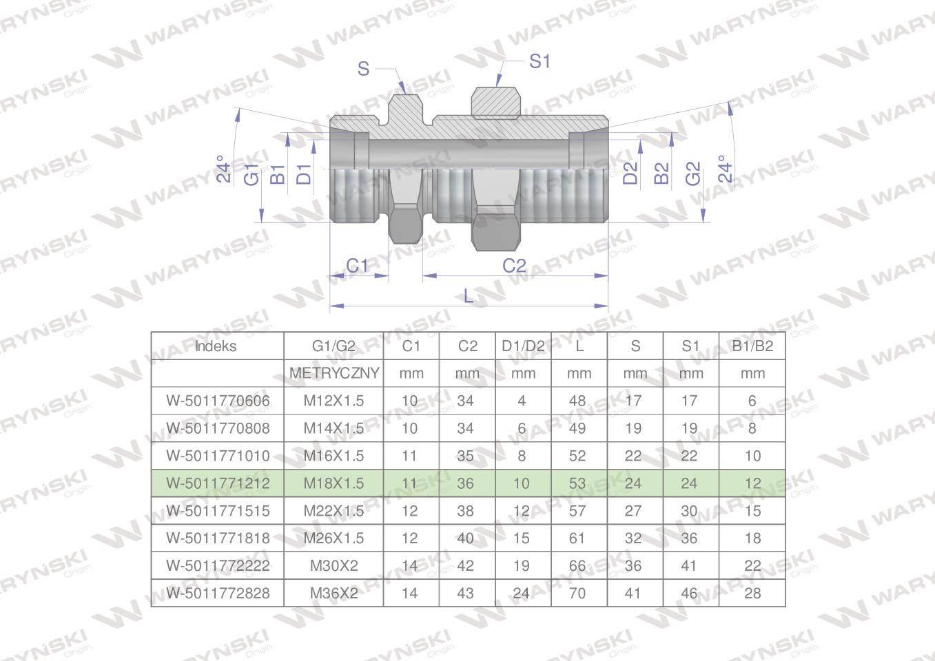 Złączka hydrauliczna metryczna grodziowa BB M18x1.5 12L z przeciwnakrętką (