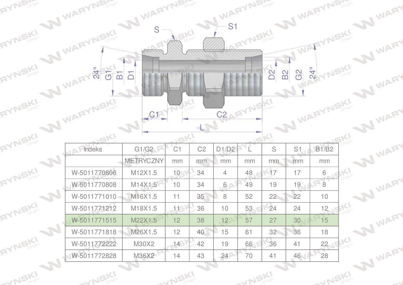 Złączka hydrauliczna metryczna grodziowa BB M22x1.5 15L z przeciwnakrętką (