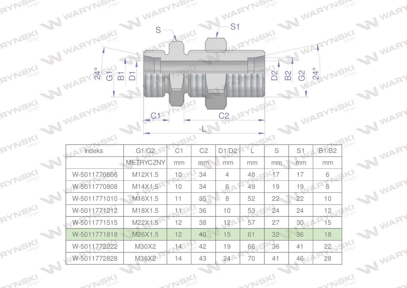Złączka hydrauliczna metryczna grodziowa BB M26x1.5 18L z przeciwnakrętką (