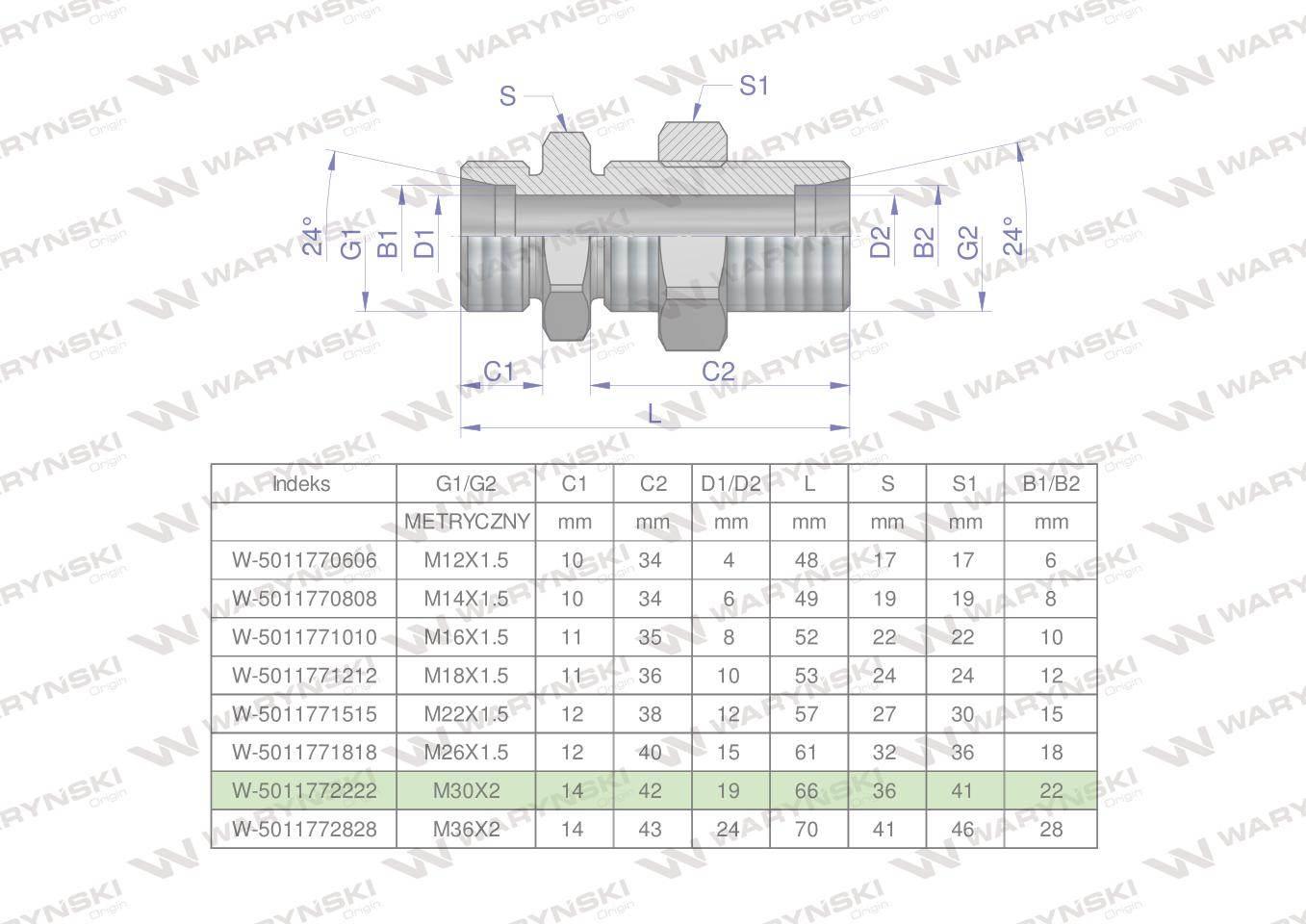 Złączka hydrauliczna metryczna grodziowa BB M30x2 22L z przeciwnakrętką (XS
